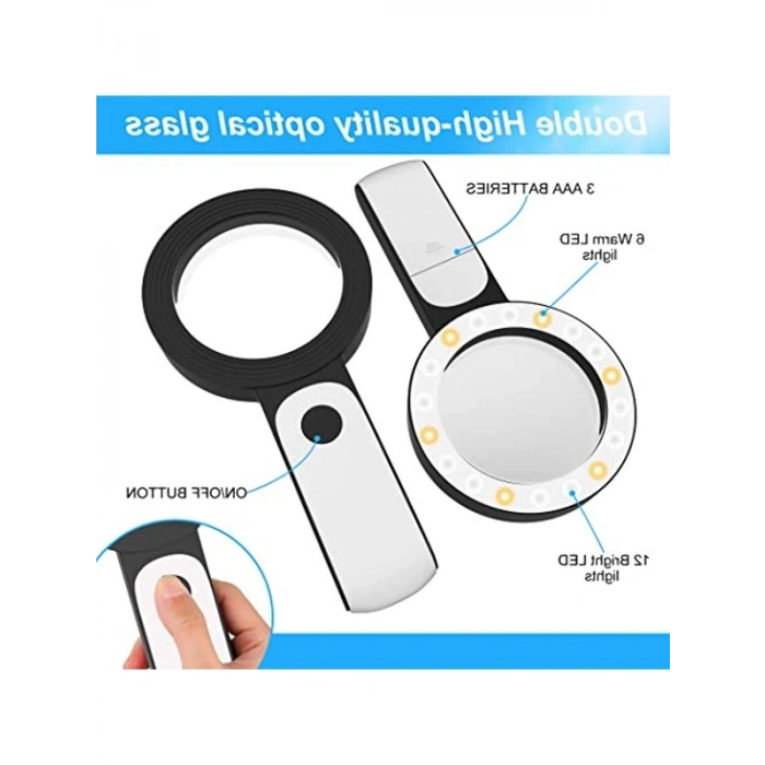 30X Elde Taşınabilir Büyük Işıklı Büyüteç, 18 LED