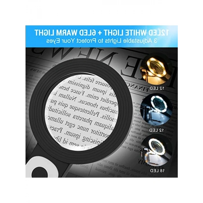 30X Elde Taşınabilir Büyük Işıklı Büyüteç, 18 LED