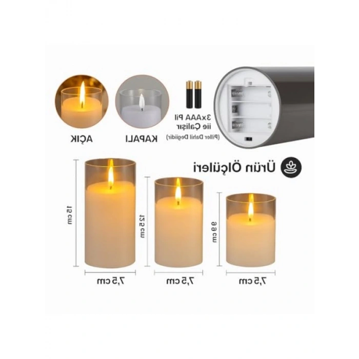 3200K Sıcak Işık ile 3’lü LED Mum Seti, Pilli