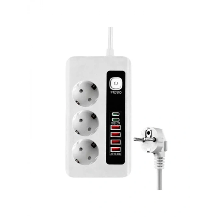 3500W Akım Korumalı Çoklu Priz, 3 Priz Girişi, 2 Type-C + 4 USB Port