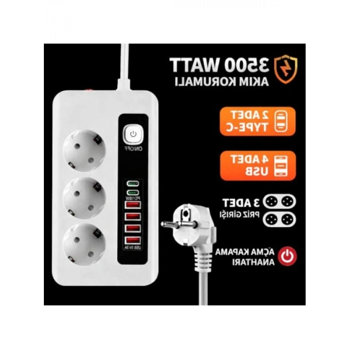 3500W Akım Korumalı Çoklu Priz, 3 Priz Girişi, 2 Type-C + 4 USB Port
