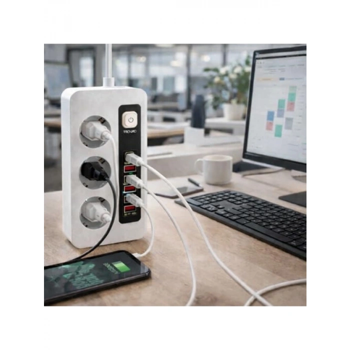 3500W Akım Korumalı Çoklu Priz, 3 Priz Girişi, 2 Type-C + 4 USB Port