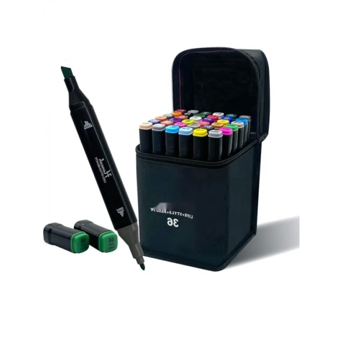 36 Renkli Çift Taraflı Marker Kalem Seti, Siyah Çanta ile