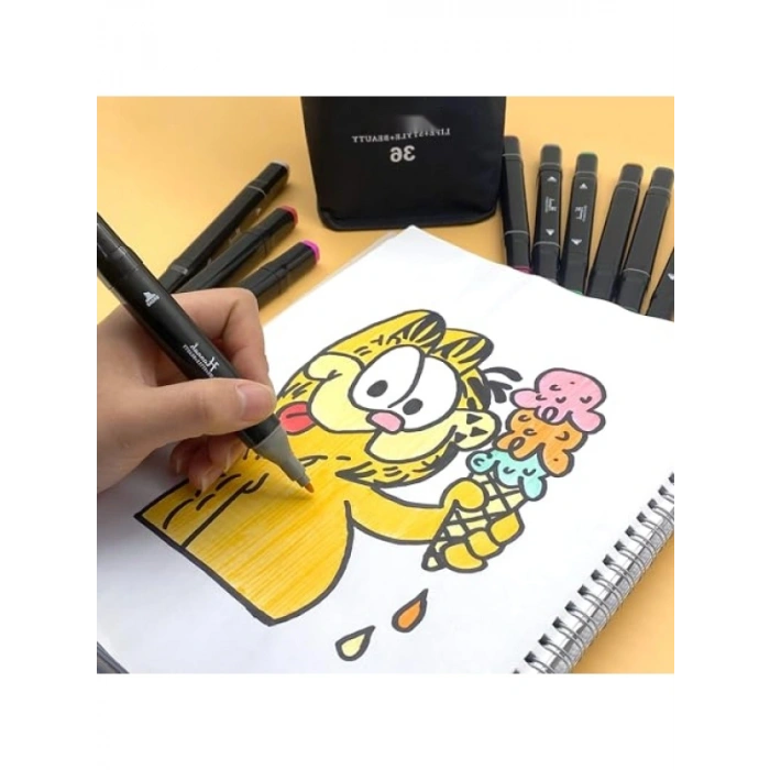 36 Renkli Çift Taraflı Marker Kalem Seti, Siyah Çanta ile