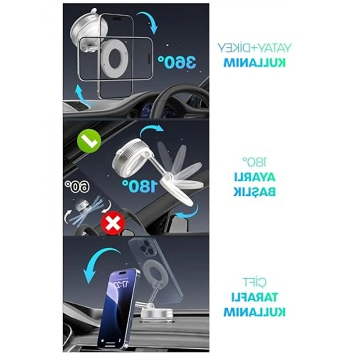360° Ayarlanabilir Mıknatıslı Telefon Tutucu, Araç İçi Kullanım İçin