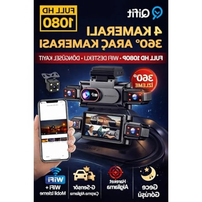 360 Derece 4 Kameralı Araç Kamerası, Full HD ve Mobil İzleme