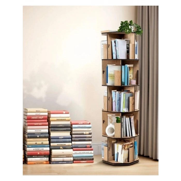 360° Döner Modern Ahşap Kitaplık – 5 Raflı
