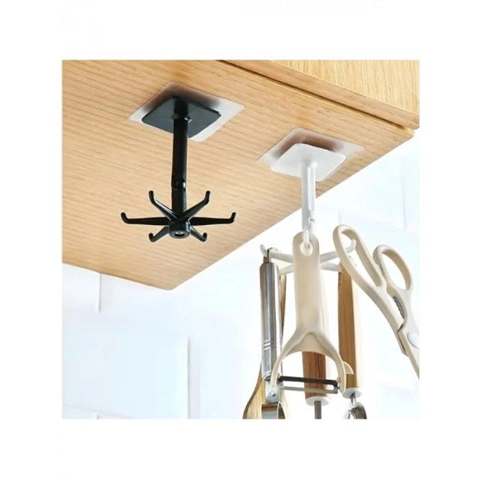 360° Döner Yapıştırmalı Askılık – 6 Kancalı, Mutfak ve Banyo Organizeri