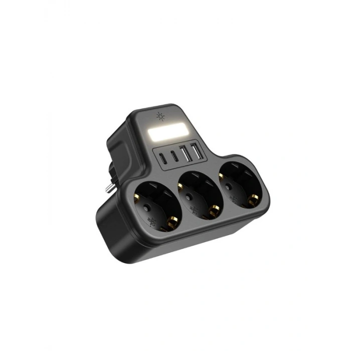 3680W Akım Korumalı 3lü Priz Adaptörü, 2 USB ve 2 Type-C Girişli