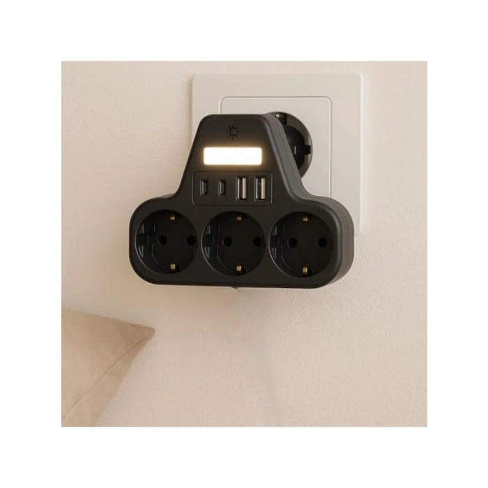 3680W Akım Korumalı 3lü Priz Adaptörü, 2 USB ve 2 Type-C Girişli