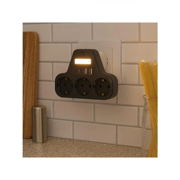 3680W Akım Korumalı 3lü Priz Adaptörü, 2 USB ve 2 Type-C Girişli