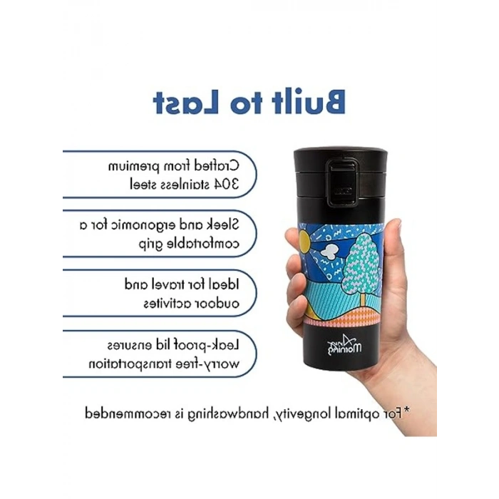 380 ml Paslanmaz Çelik Termos Mug, Sızdırmaz Kapaklı, Siyah