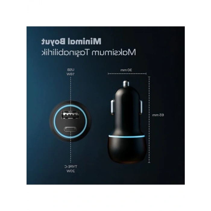 38W Araç Şarj Aleti - Çakmaklık Type-C ve USB Girişli
