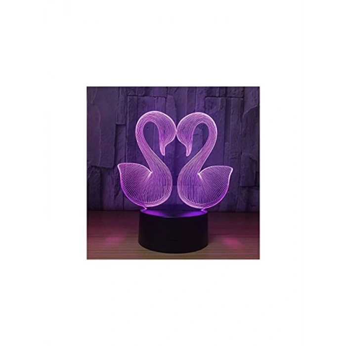 3D LED Gece Lambası - Çift Kuğu Tasarımı ile 7 Farklı Işık