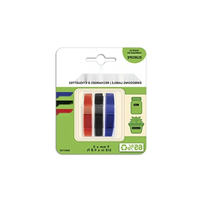 3D Plastik Kabartma Şerit, 9 mm x 3 mt, 3 Renk - Siyah/Kırmızı/Mavi