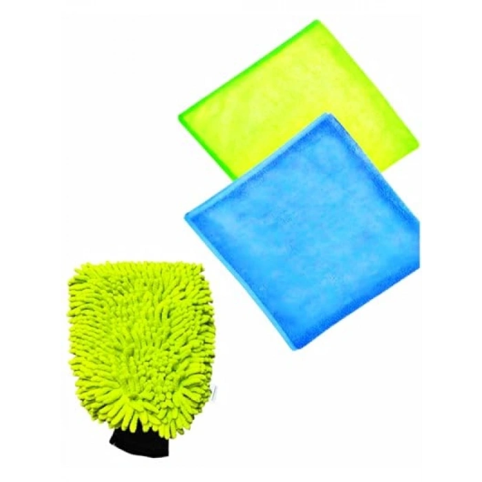 3’lü Araç Temizlik Seti, Mikrofiber Bezler ve Yıkama Eldiveni