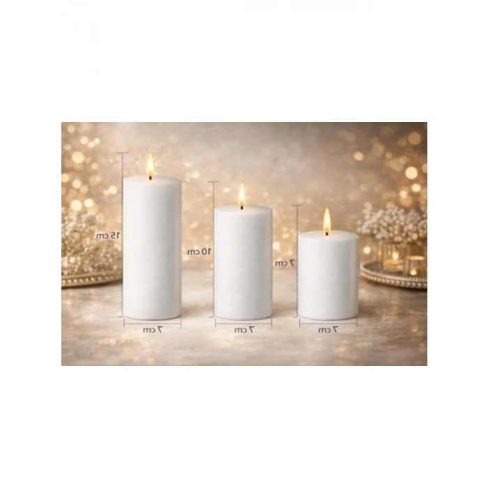 3’lü Beyaz Silindir Blok Mum Seti - Dekoratif