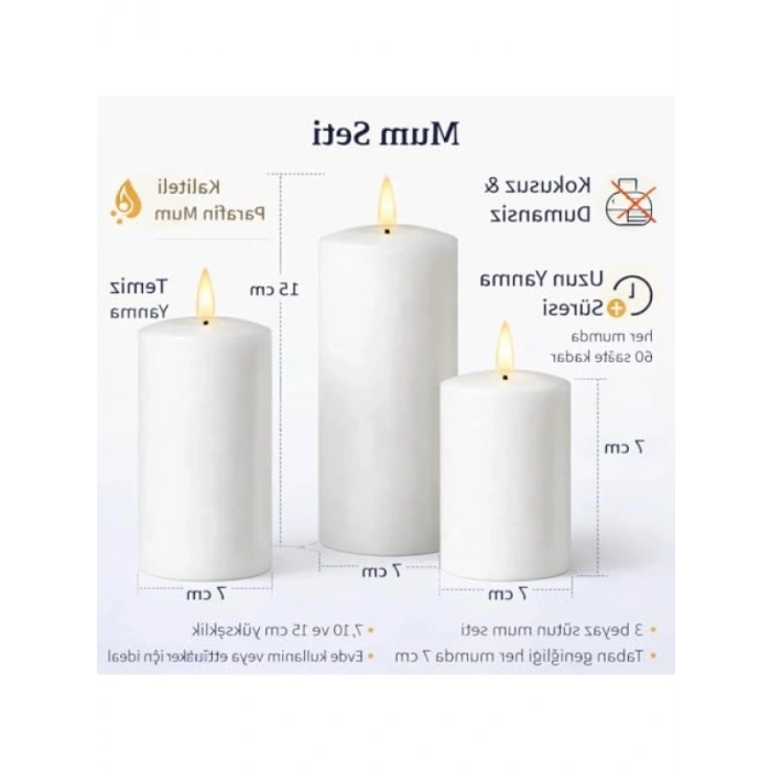 3’lü Beyaz Silindir Blok Mum Seti - Dekoratif