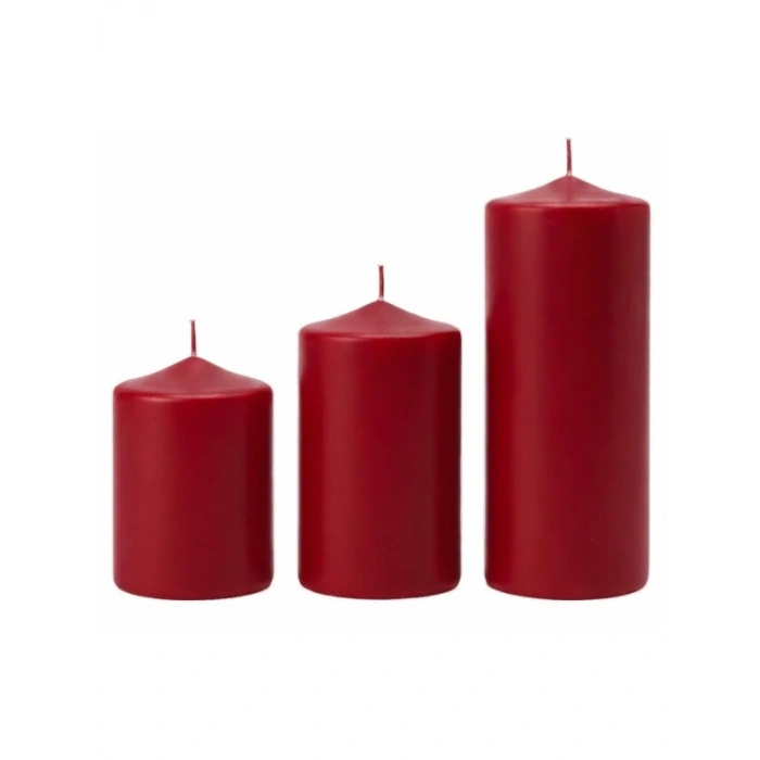 3’lü Kırmızı Silindir Mum Seti - Dekoratif Blok Mumlar
