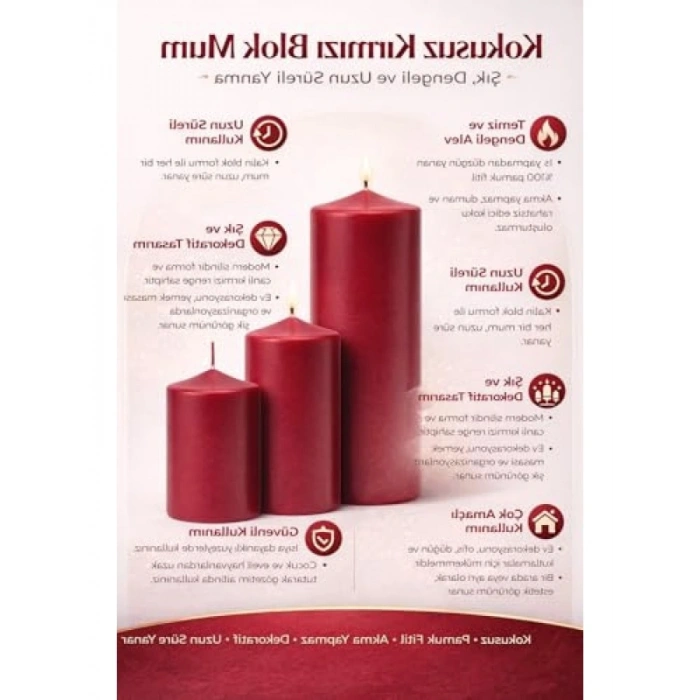 3’lü Kırmızı Silindir Mum Seti - Dekoratif Blok Mumlar