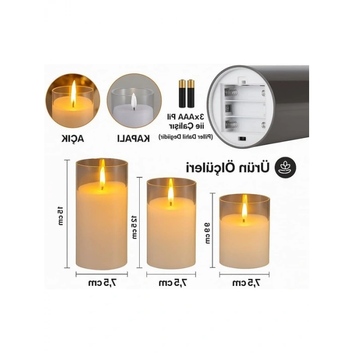 3’lü LED Mum Seti, Gerçek Alev Efekti ile Sıcak Sarı Işık