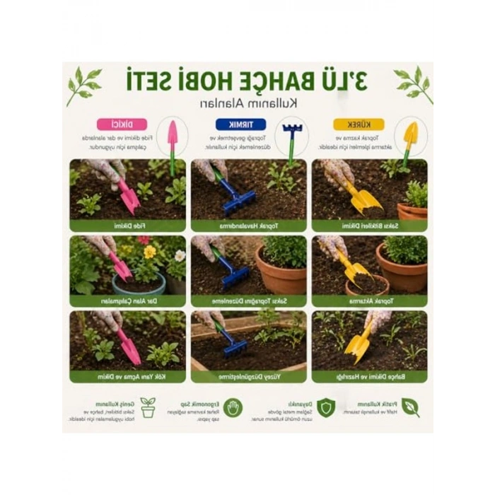 3’lü Mini Bahçe Hobi Seti, El Aletleri ve Saksı Bitkileri İçin Kullanışlı