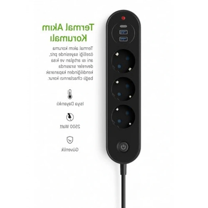 3’lü Priz | 2 USB-A + 1 USB-C | Termal Akım Korumalı, 2500W Güç, Aç/Kapa Anahtarlı