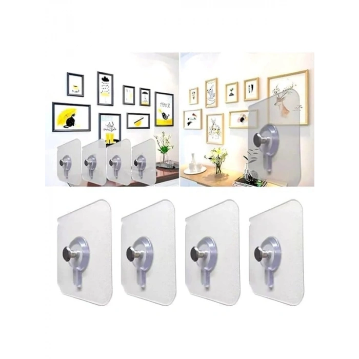 4 Adet Şeffaf Yapışkanlı Duvara Monte Kanca Seti