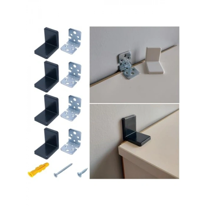 4 Adet Siyah Dekoratif Dolap Askı Elemanı - Deprem Sabitleme Seti
