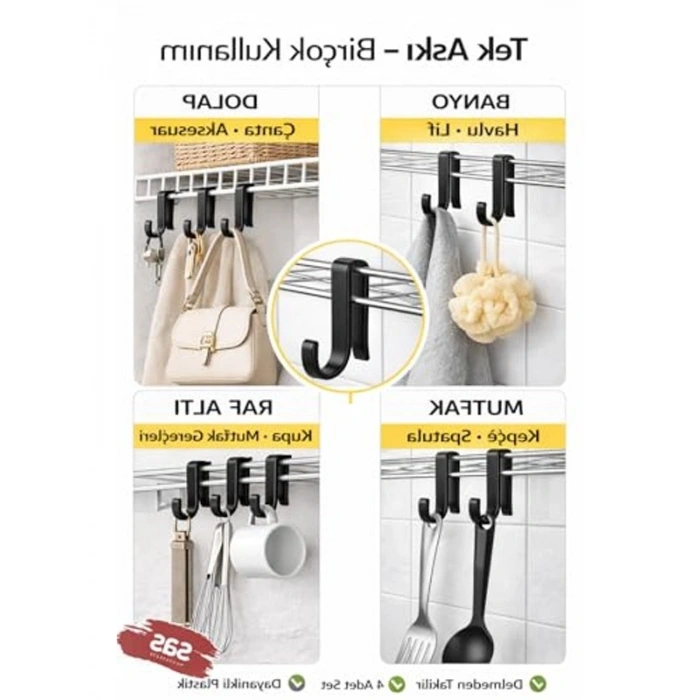 4 Adet Siyah Plastik Askı, Metal Banyo ve Mutfak Rafları için Uygun