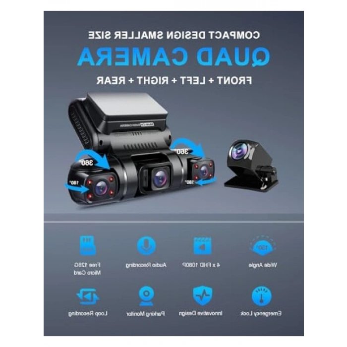 4 Kanallı FHD 1080P Dash Cam, Ön ve Arka Kamera