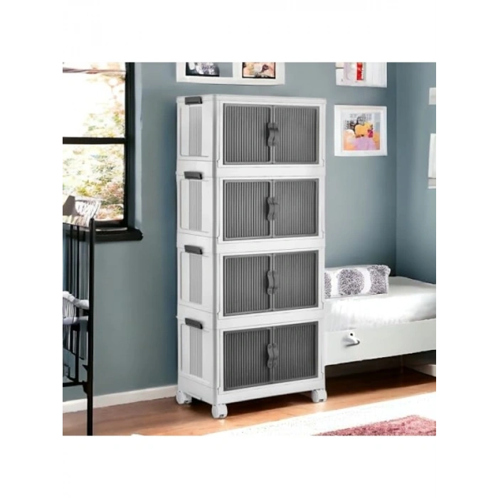 4 Katlı Kapaklı Depolama Kutusu - Tekerlekli Beyaz