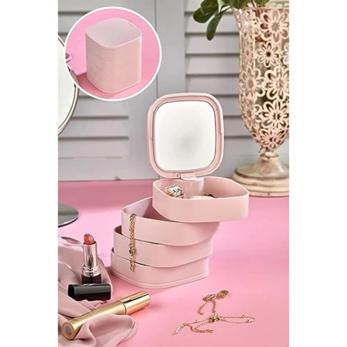 4 Katlı Kare Takı ve Makyaj Organizeri - Aynalı Tasarım