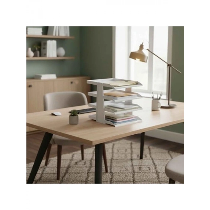 4 Katlı Metal Dosya Rafı, Masa Üstü Ofis Organizer, Beyaz