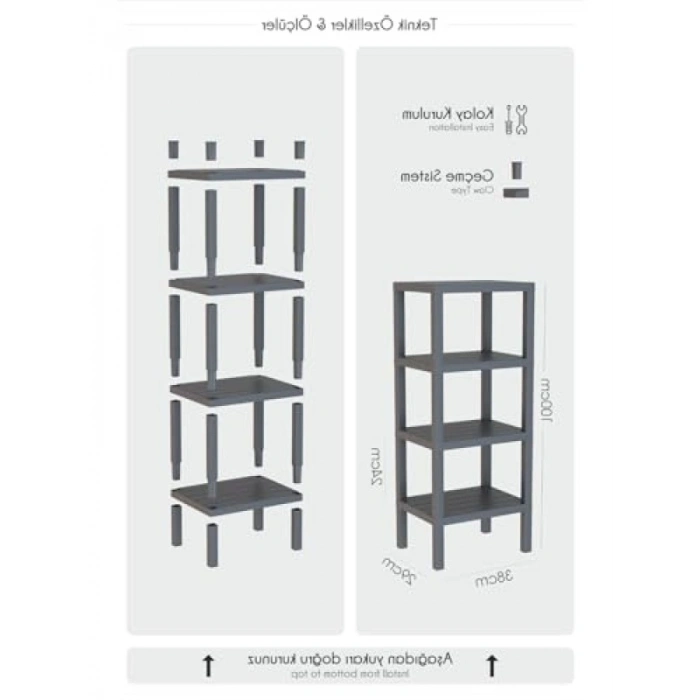 4 Katlı Plastik Depolama Rafı, Gri, Çok Amaçlı