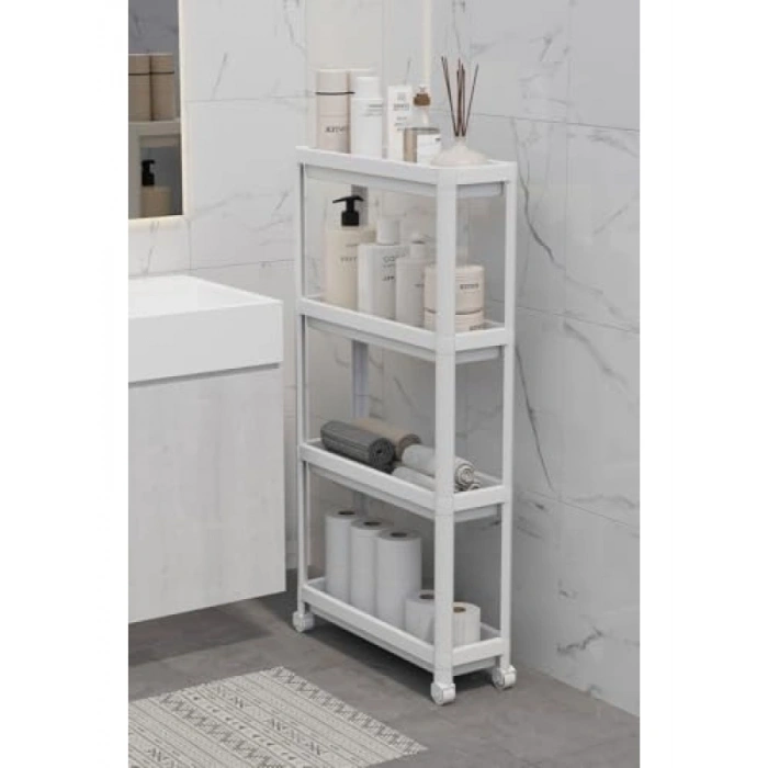 4 Katlı Tekerlekli İnce Beyaz Banyo ve Mutfak Rafı