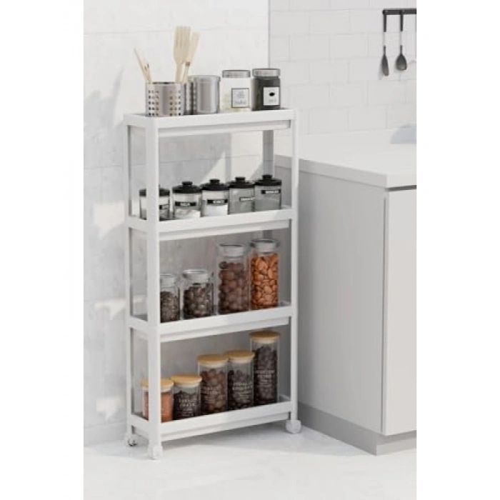 4 Katlı Tekerlekli İnce Beyaz Banyo ve Mutfak Rafı