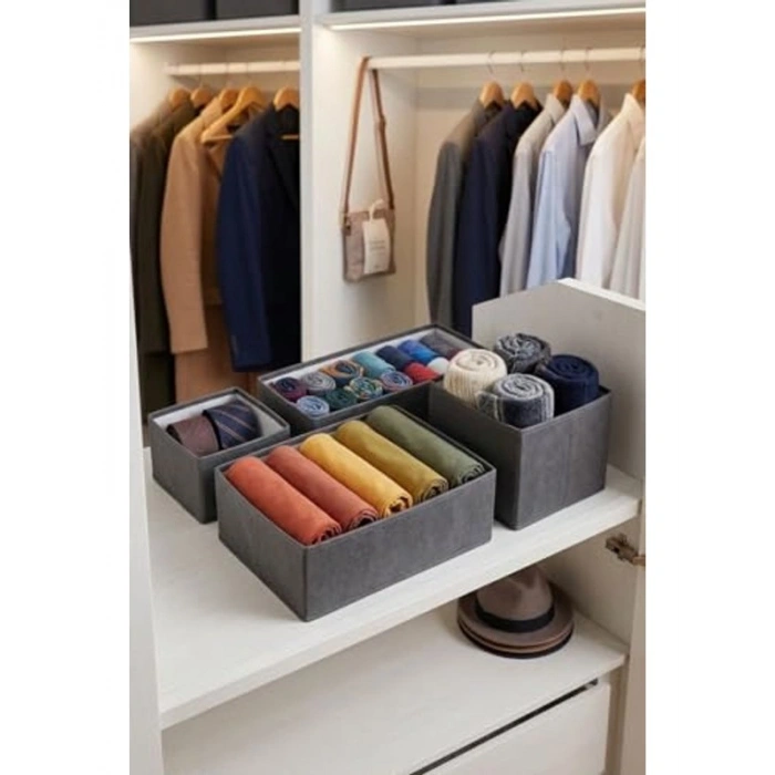 4lü Katlanabilir Çekmece Düzenleyici Set, İç Çamaşırı ve Çorap Organizer Kutuları