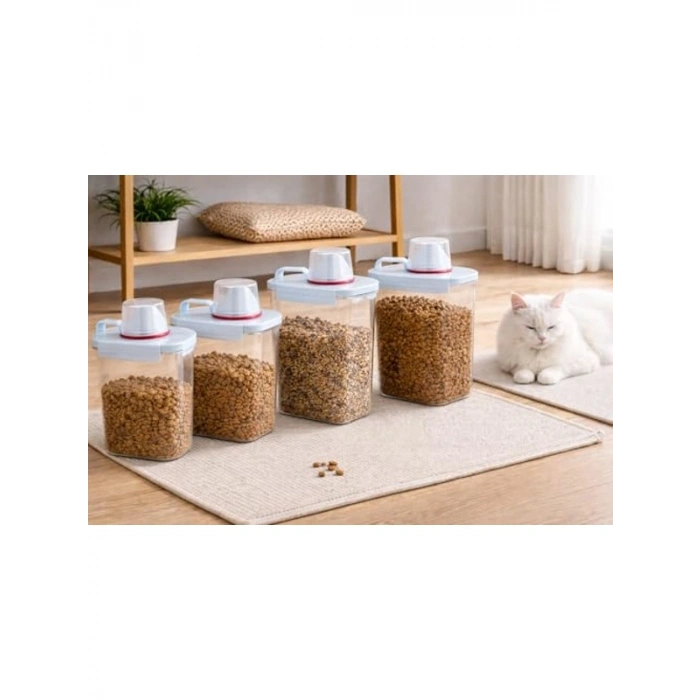 4lü Saklama Kabı Seti, Ölçekli Kapak ile Mama ve Yem İçin