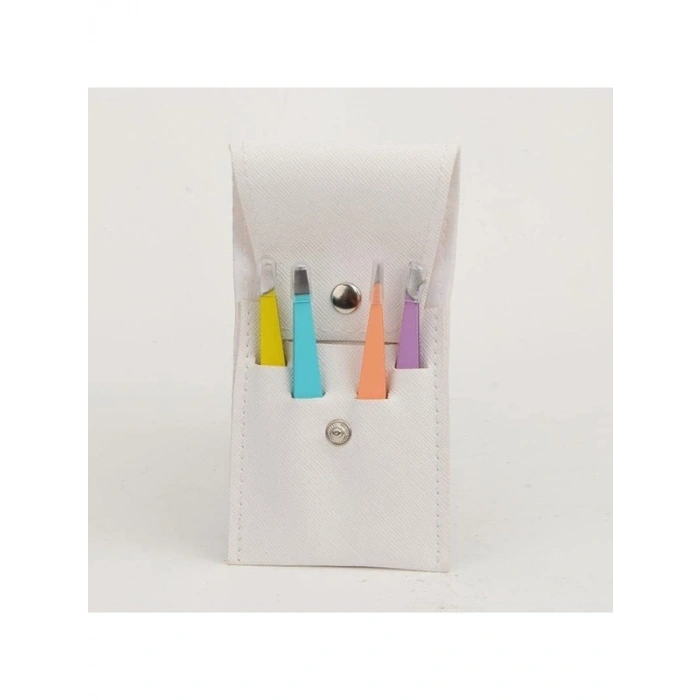 4 Parça Paslanmaz Çelik Cımbız Seti, Beyaz Deri Çanta