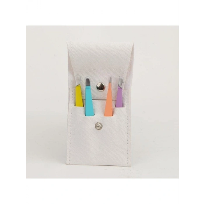 4 Parça Paslanmaz Çelik Cımbız Seti, Beyaz Deri Çanta