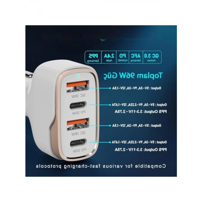 4 Portlu Type-C USB Araç Hızlı Şarj Adaptörü - 96W Güç Kapasitesi