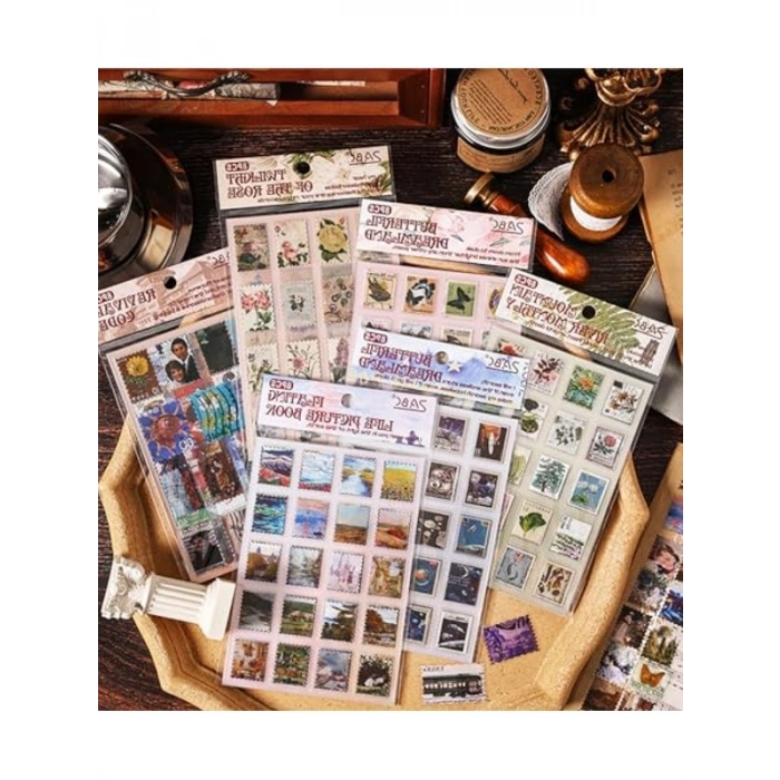 4 Sayfa Vintage Pul Desenli Sticker Seti, Scrapbook İçin