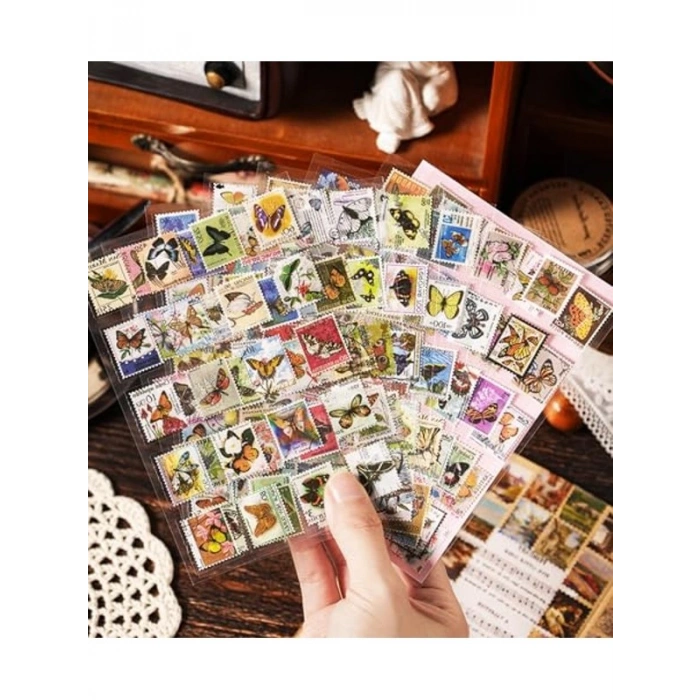 4 Sayfa Vintage Pul Desenli Sticker Seti, Scrapbook İçin