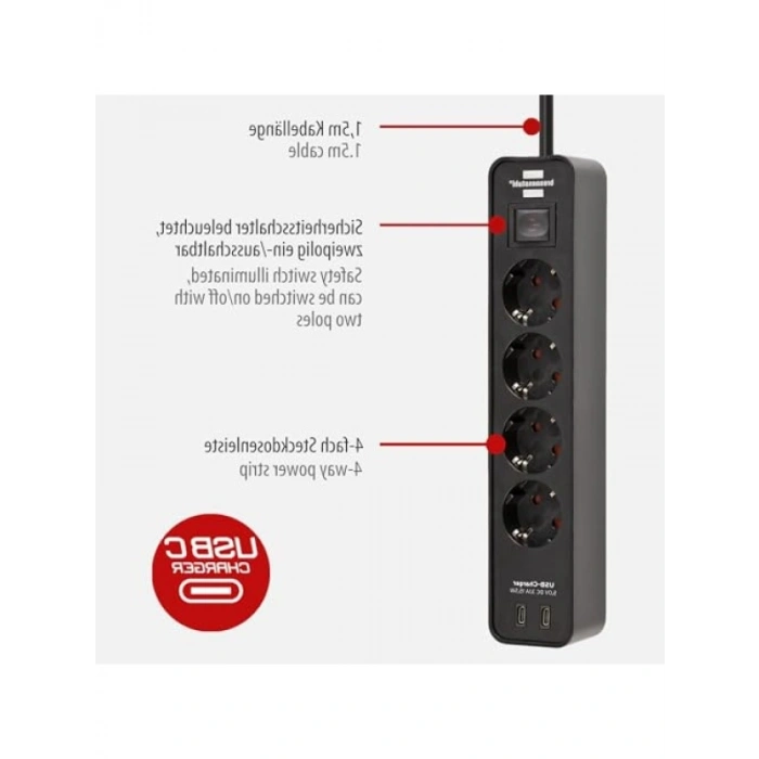 4 Soketli Anahtarlı Uzatma Priz - TYPE-C Hızlı Şarj
