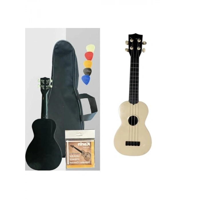 4 Telli Soprano Ukulele, Bej Renk, Çanta ve Pena Seti ile