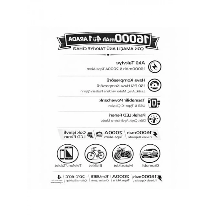 4ü 1 Arada Jump Starter ve Hava Kompresörü - 150 PSI Güç