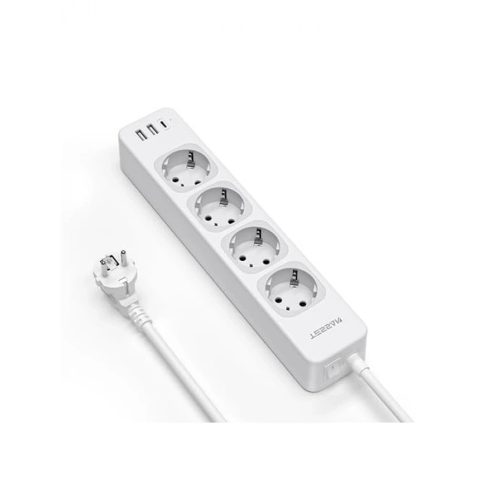 4 Yollu Çoklu Priz, 2 Metre, Anahtarlı ve USB Girişi ile
