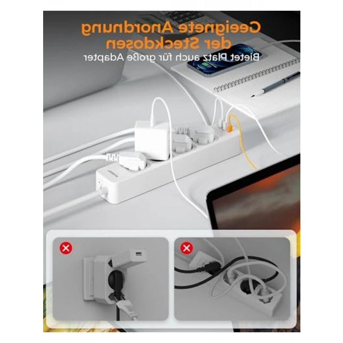 4 Yollu Çoklu Priz, 2 Metre, Anahtarlı ve USB Girişi ile