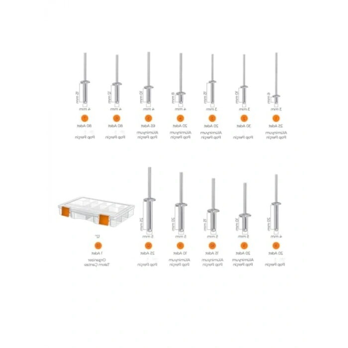 411 Parça Alüminyum Pop Perçin Seti - 13 Çeşit Organizer Takımlı